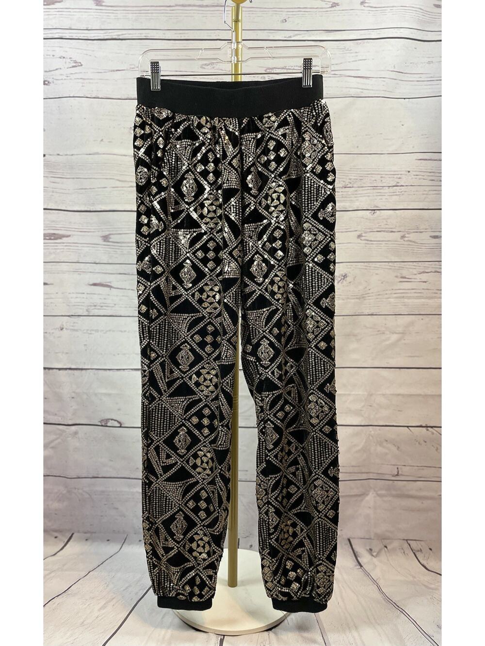 See N Be Seen Velvet Sequin Jogger Pants Black Gold Women’s Small